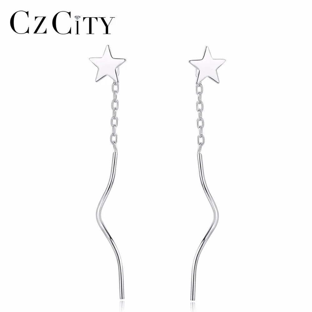 CZCITY Authentic 925 Sterling Silver Drop Dangle Earring for Women Charming Link Chain and Star Design Long Earrings Jewelry