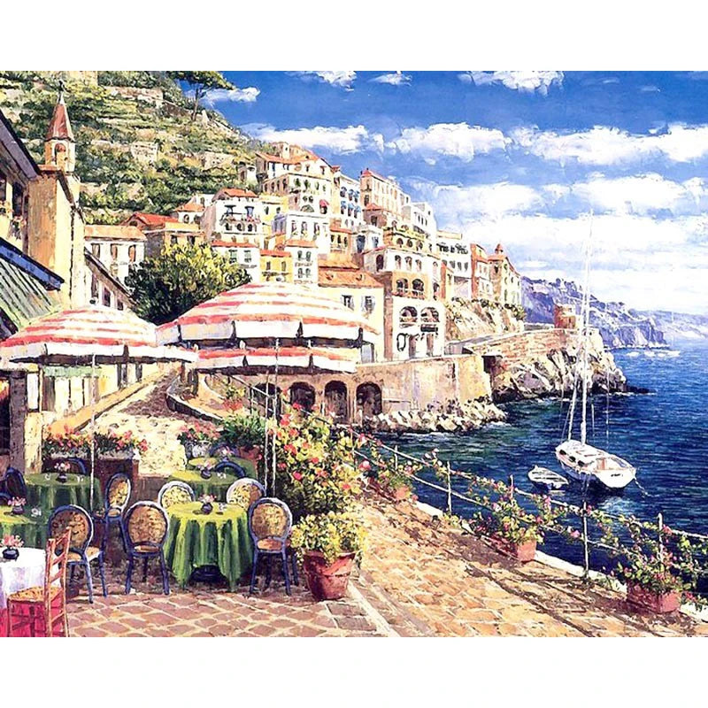 CHENISTORY DZ1634 Digital Painting by Numbers Lakeside Villa No Frame for Wholesale on Canvas