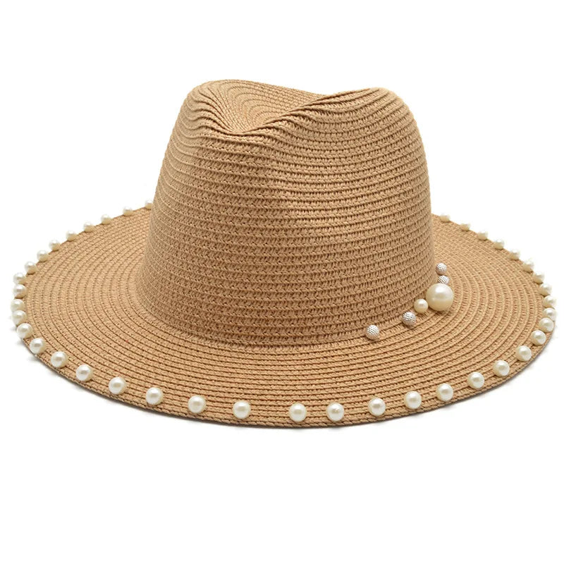 Wholesale Custom Panama Beach Straw Hat Summer Women Pearls Paper Straw Hats Sun Hat