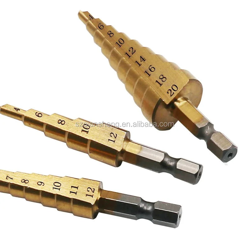 3Pcs Steel Titanium Step Drill Bits 3-12/4-12/4-20mm Step Cone Cutting Tools Wood Metal Drilling Set