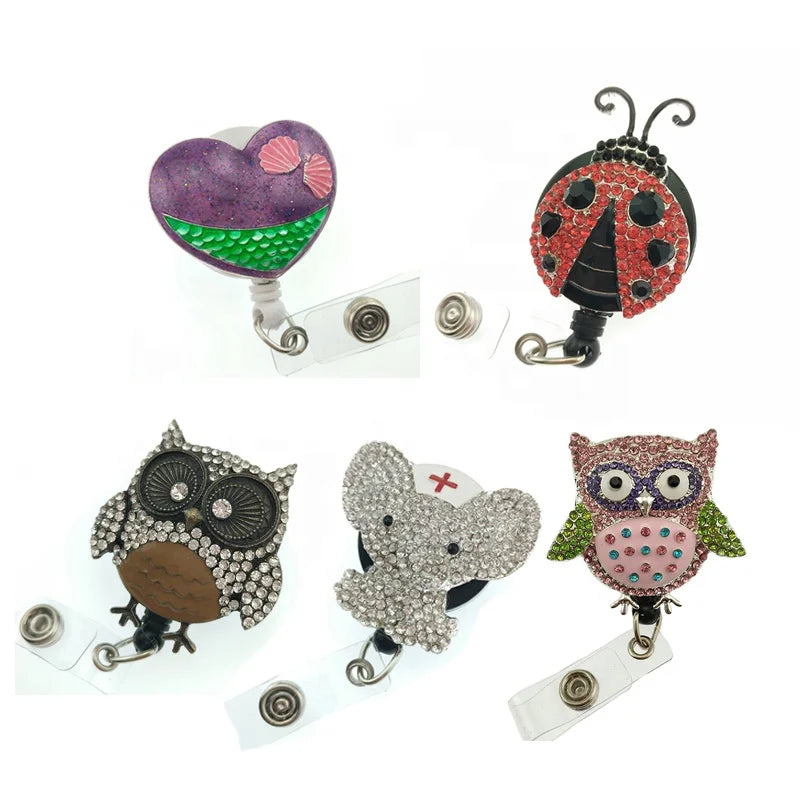 Mix Design Rhinestone Animal Owl Elephant Ladybug Love Heart Retractable Metal Badge Reel Staff ID Badge Holder