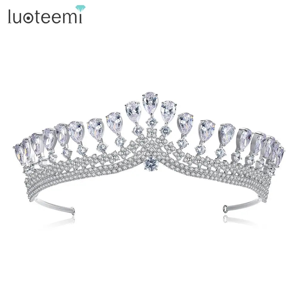 LUOTEEMI Luxury Water Drop Cubic Zirconia Flower Wedding Crown Yiwu Factory Directly Sale