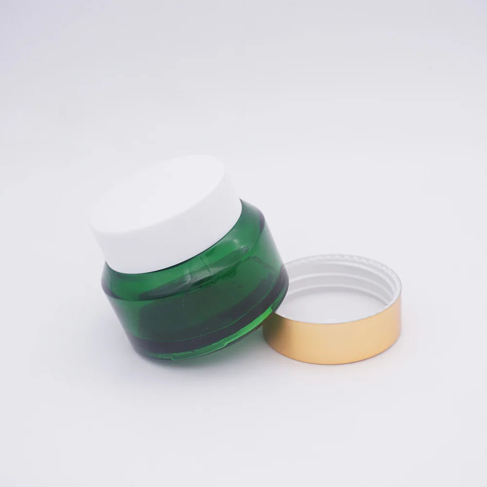 Green Glass Cream Container 3oz Jar with White Top