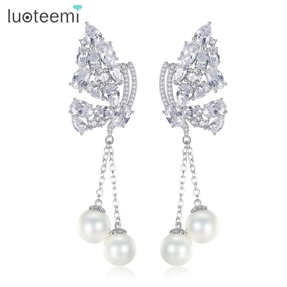 LUOTEEMI Women Wedding Jewelry Silver Color Fashion CZ Crystal Butterfly With Synthetic Pearl Long Dangle Drop Earrings