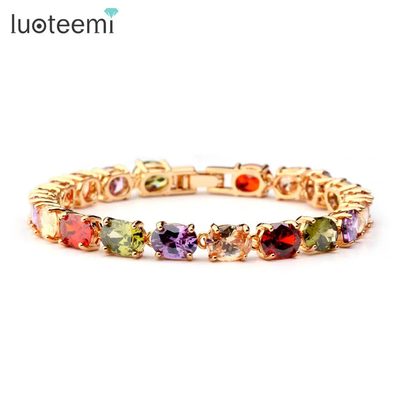LUOTEEMI Christmas Hot Sell Champagne Gold Plated Multicolor Oval Shape a AA Zirconia Stone Women Bridal Bracelet