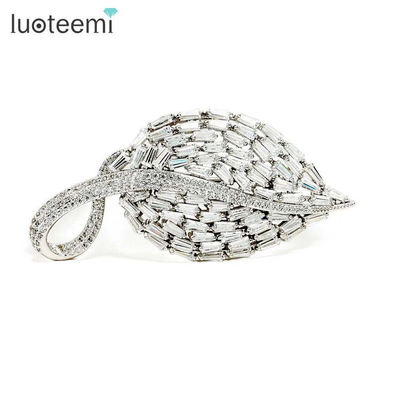 LUOTEEMI Hot Sale Platinum Plated Korean Design CZ Jewelry Diamond Biral Leaf Shape Brooch