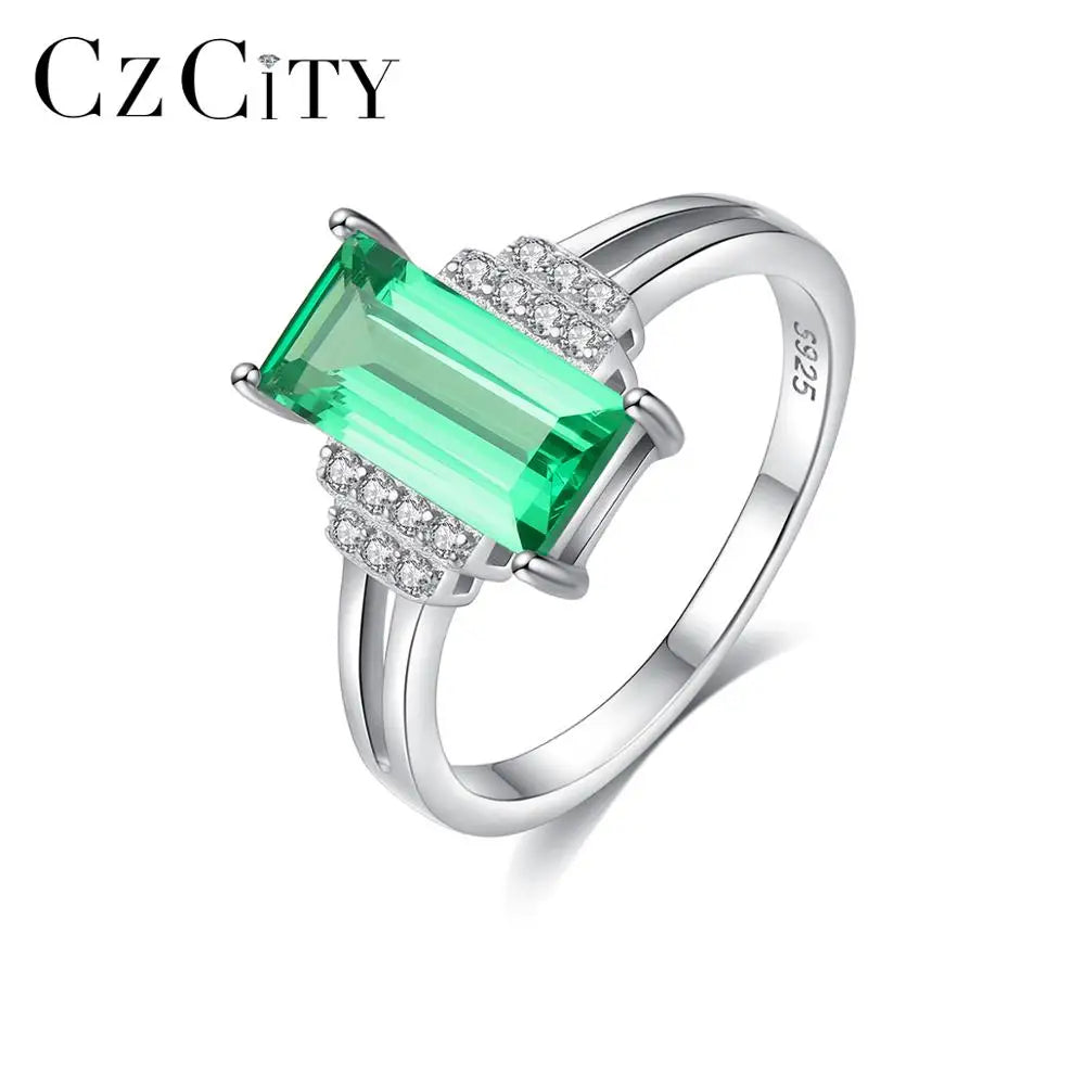 CZCITY Fashion Square Artificial Wedding Finger Rings for Women S925 Silver Diamond Engagement Rings