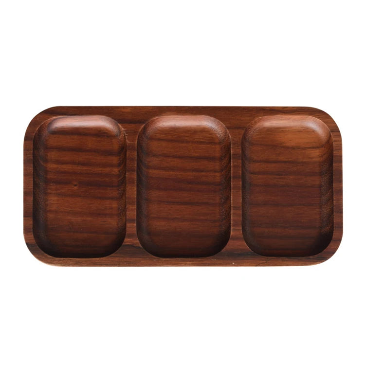 Classical Hot Sell Handmade Acacia Wood 3 Partitions Sauce Sushi  Dish Plate