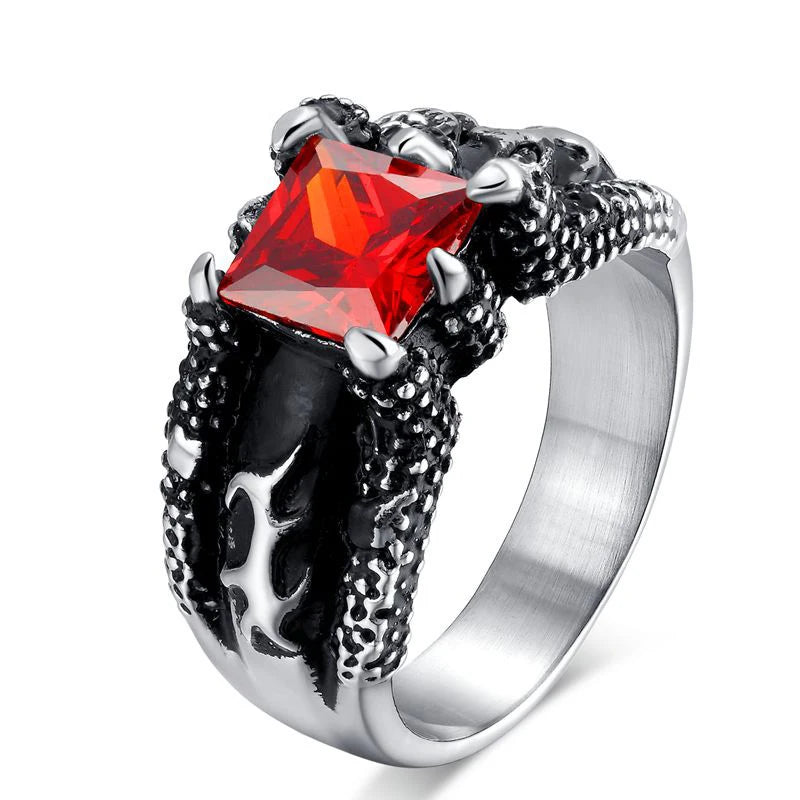 Exaggerated Vintage Gothic Stainless Steel Mens Ruby Dragon Claw Ring