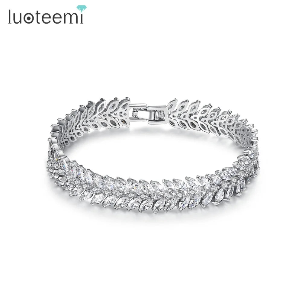 LUOTEEMI Vintage Marquise Cut Top Grade Cubic Zirconia CZ Crystal Leaf Tennis Allure Women Elegant Wedding Jewelry Bracelets