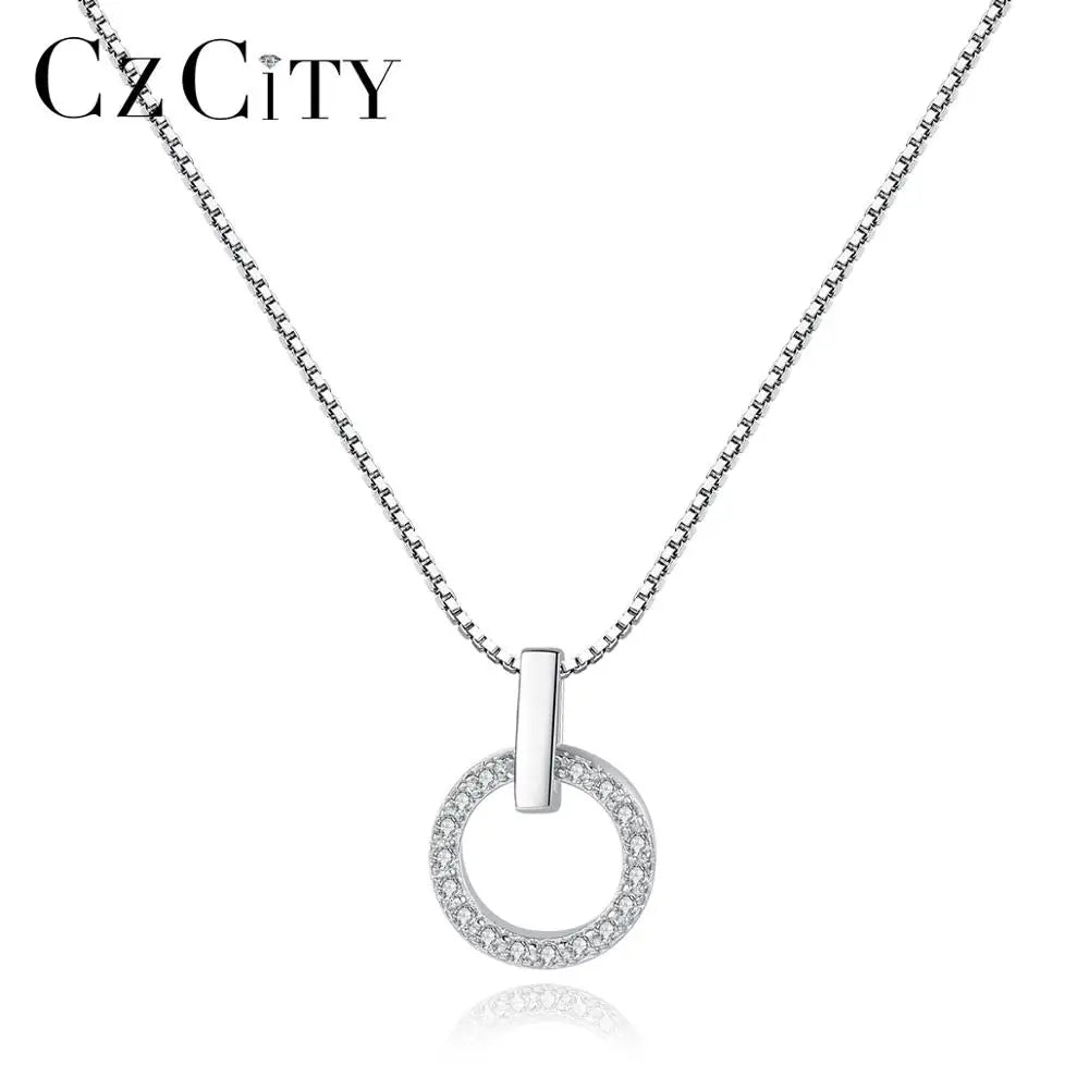 CZCITY Round Shaped Micro Paved Pendant Necklace Jewellery Sterling Silver 925 Necklaces