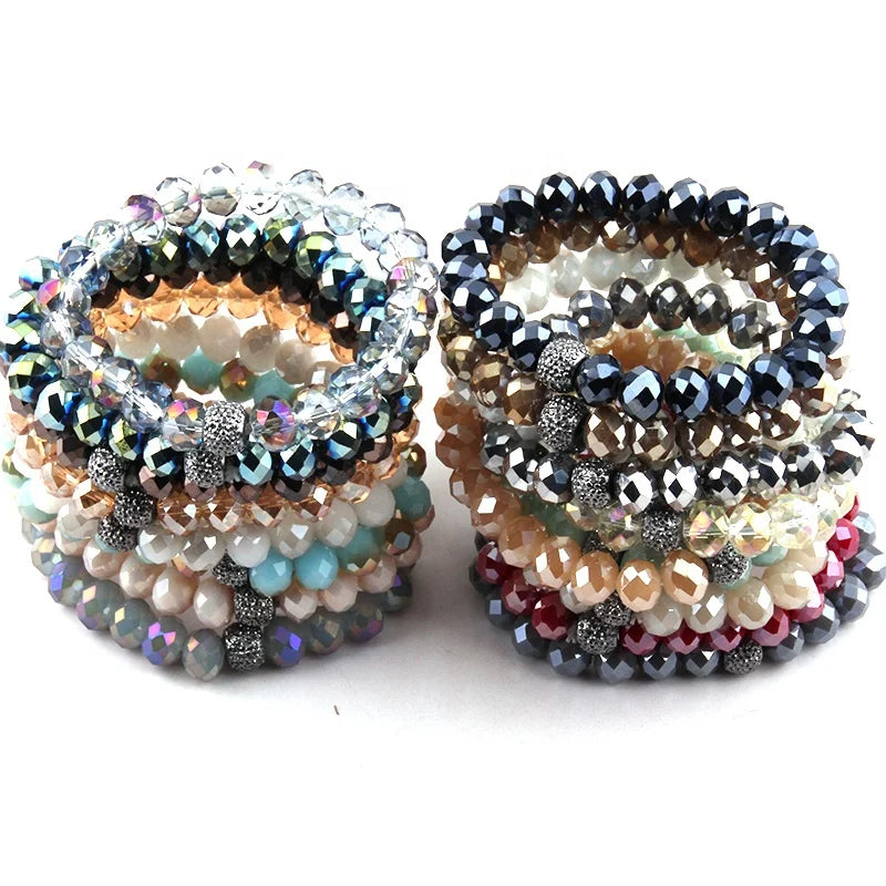 Holiday Gift Handmade Women Bracelet 10mm Assort Crystal Glass Beads Bracelet 5 Different Pave Ball Color Elastic Charm Bracelet