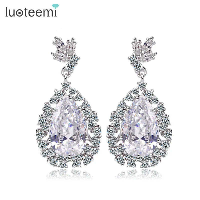 LUOTEEMI Fashion New Luxury Design Fancy Clear Cubic Zirconia Waterdrop Bridal Wedding Jewelry Earrings for Women