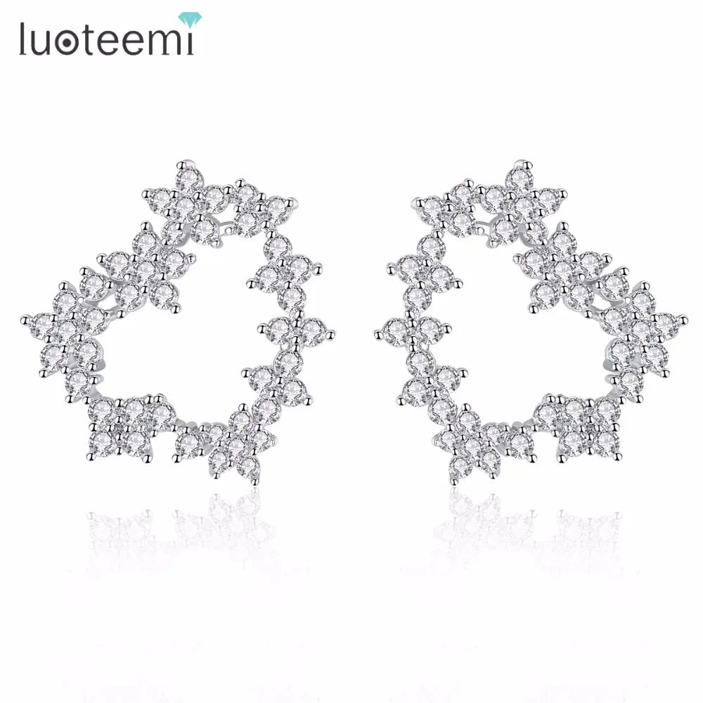 LUOTEEMI Spring Fashion Crystal Flowers Statement Hollow Heart Stud Earrings for Women Girls Valentine Day Gift Brincos Bijoux