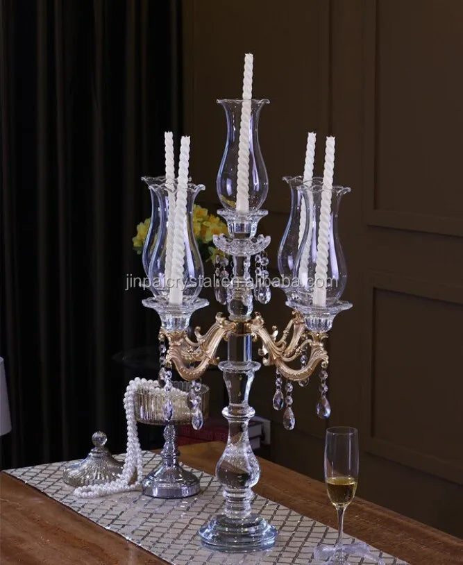 Cheap Gold Charming 5 Arms Crystal Candelabra for Wedding Table Centerpiece