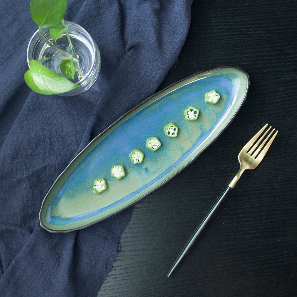 Wholesale Long Oval Shape Blue Glaze Inside Black Serving Porcelain Restaurant Hotel Dish Plate Ceramic for Sushi Dessert