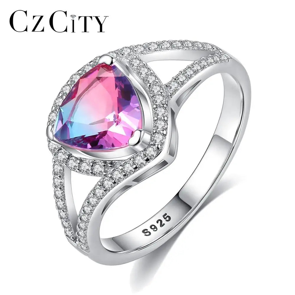 CZCITY Cubic Zirconia Fashionable White Gold S925 Silver Geometric Sterling Rainbow Stone Lab Grown Diamond Ring