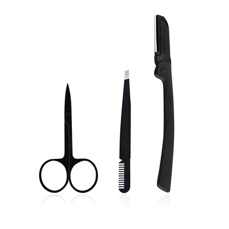 Set of 3 Black Beauty Makeup Scissor Razor Tweezers Eyebrow Shaping Essentials