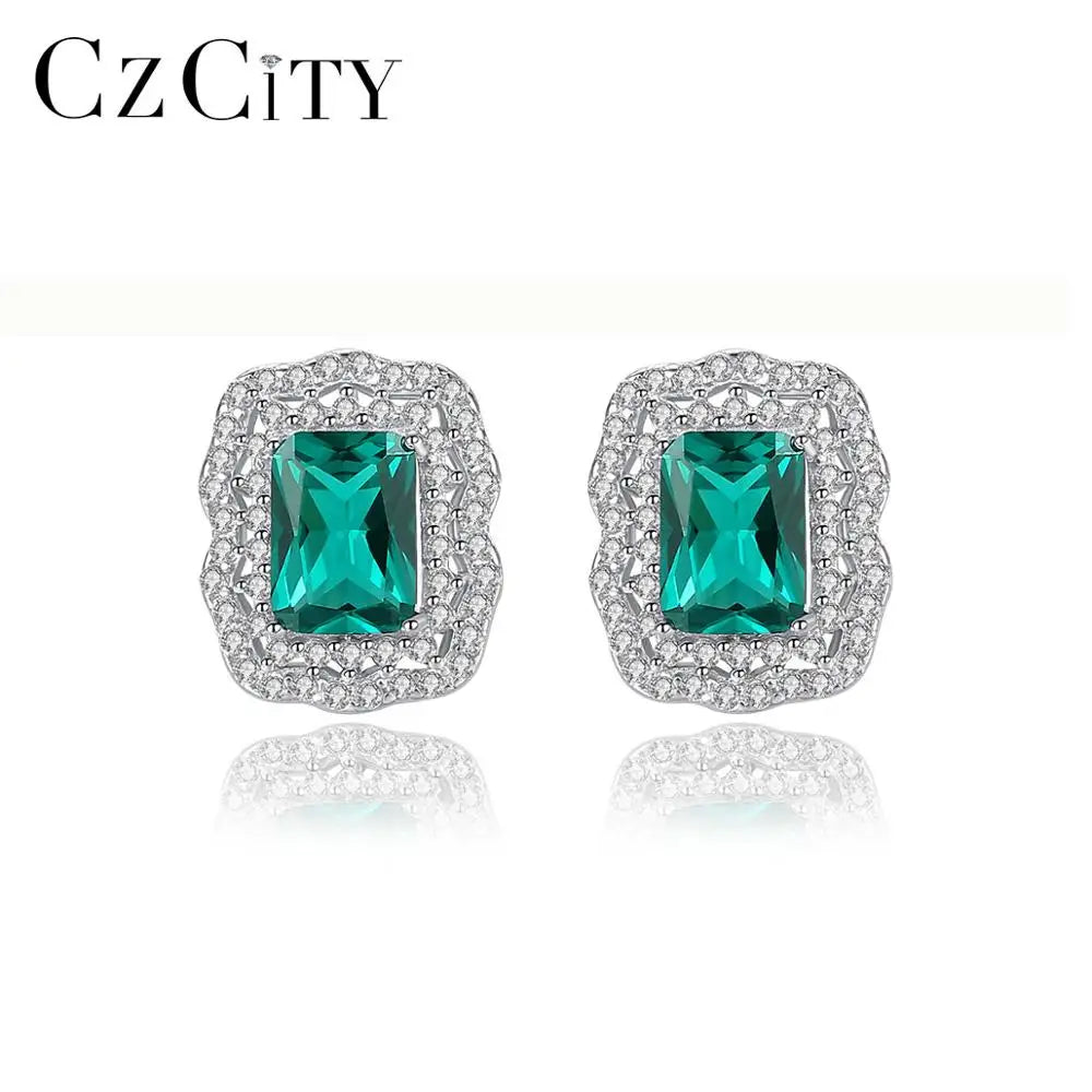 CZCITY  New Green Gemstone Trendy Stud Earrings 925 Sterling Silver CZ Paved Party Jewelry for Women Wholesale