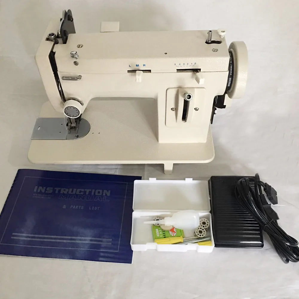 Household Flat-Bed Single Needle Heavy Duty Lock Stitch Walking Foot Sewing Machine with Iron & Plastic Construction