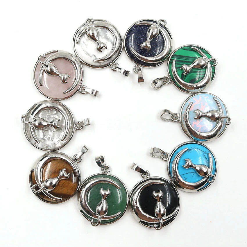Wholesale Crescent Moon Shaped Charm Natural Stone Pendant with Silver Plated CAT Chakra Healing Reiki Pendant for Jewelry Makin