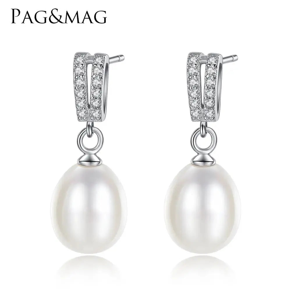 PAG&MAG 925 Sterling Silver Natural Freshwater Pearl Stud Earrings Brand 7-8mm Natural Pearl Jewelry