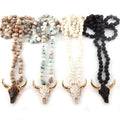 8mm Bohemian Women Statement Necklace Knotted Skull Head Pendant Natural Amazonite Stone Bull Horn Necklace