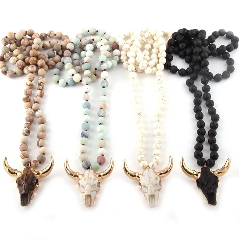 8mm Bohemian Women Statement Necklace Knotted Skull Head Pendant Natural Amazonite Stone Bull Horn Necklace