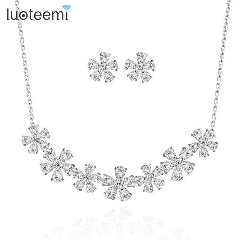 LUOTEEMI Platinum Plated Cubic Zirconia Luxury Bridesmaid Flower Choker Necklace Earring Set for Women Wedding Jewelry Set