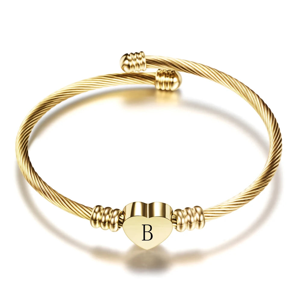 Woman Initial Jewelry Stainless Steel Cable Charm Bracelet Womens Heart Custom Engrave Letter Charm Bracelets Bangles