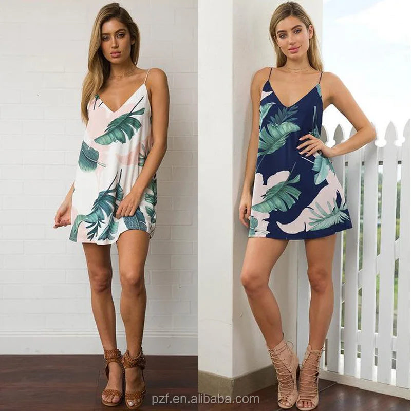 Summer Dress Women Palm Leaf Print Double V Neck Casual Shift Dresses