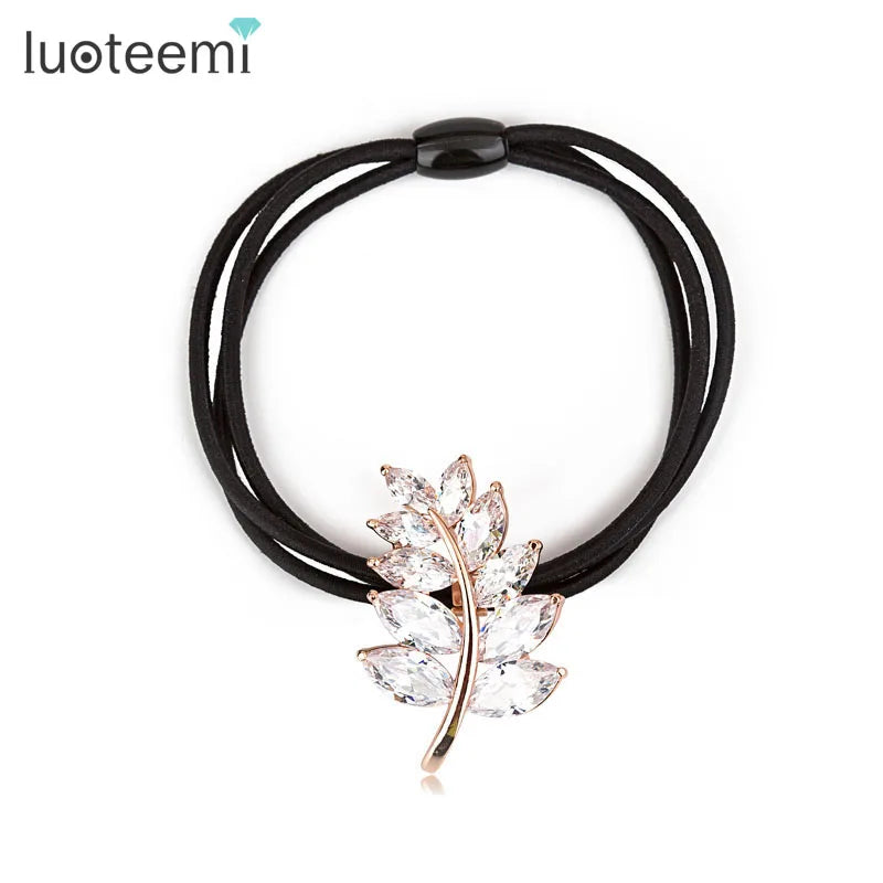 LUOTEEMI Drop Shipping South Korean Style Sweet Women Fashion Hair Accessory White CZ Leaf Hair Band Headwear Elastic Hair Rope