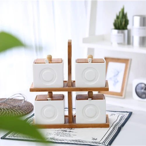 Hot Selling Kitchen Stackable Condiments Canister  Wholesale White Ceramic Jar with Stand