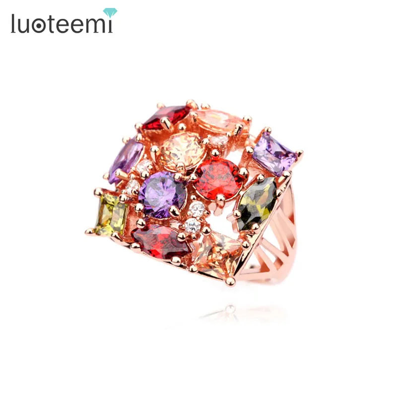 LUOTEEMI Big Crystal Natural Stone Matching New Fashion Colorful Gold Dainty Finger Statement for Woman Color Ring