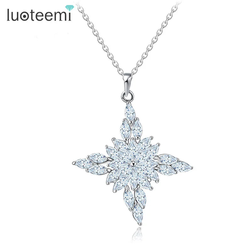 LUOTEEMI Luxury Marquise CZ Cluster Sparkling Lucky Star Pendant 18k White Gold Plated Women Gift Necklaces