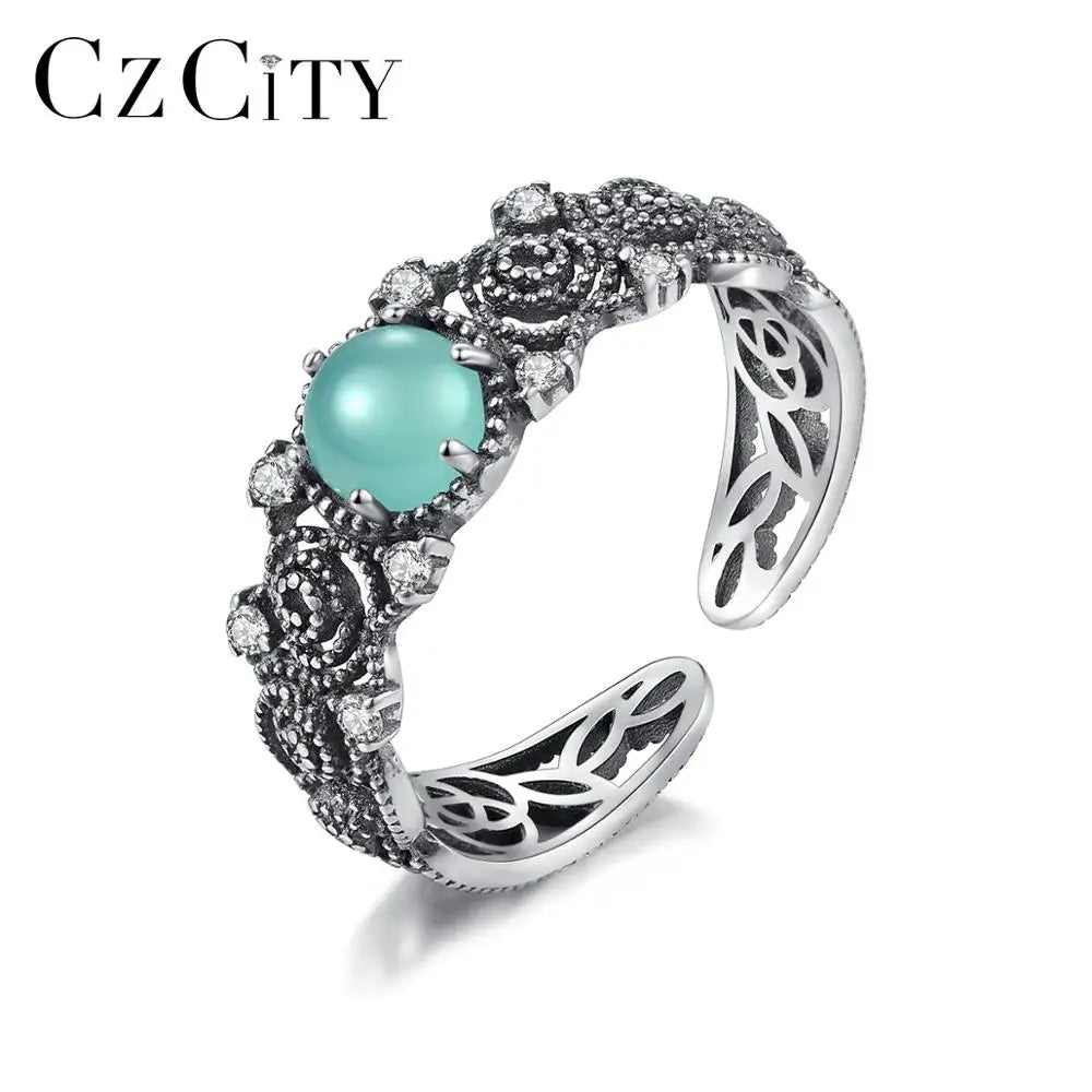 CZCITY New Design Open Silver Jewelry Rings Women Vintage CZ Punk Fascinating Green Crystal Ring