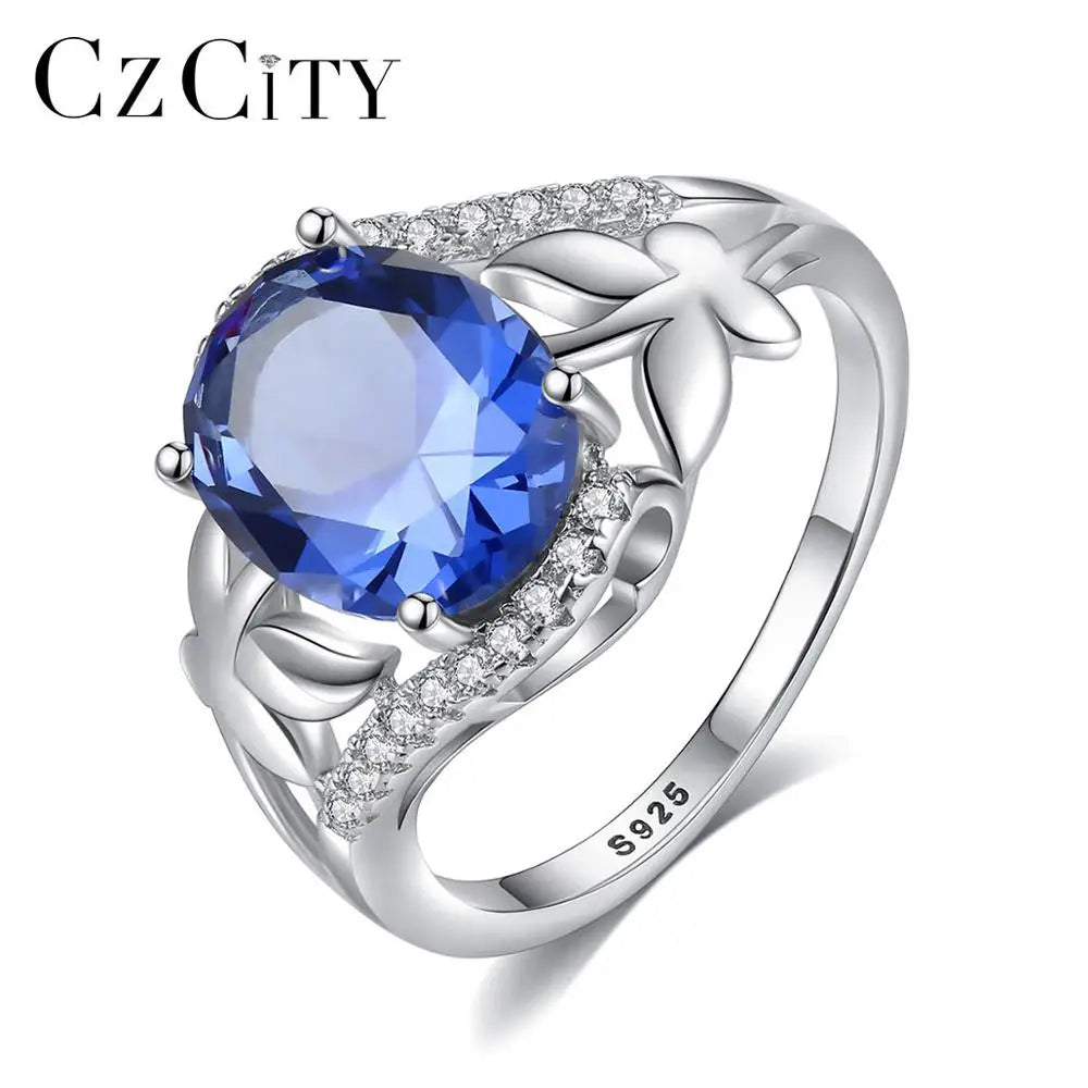 CZCITY Fine Fashion Jewelry Big Blue Synthetic Sapphire Butterfly Mother's Day S925 Sterling Silver Ring
