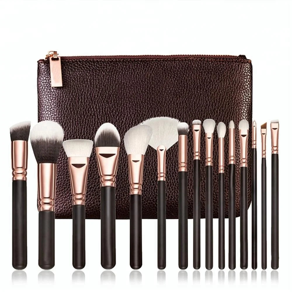 Custom Logo Plastic Handle Synthetic Hair 15-Piece Rose Gold Makeup Brush Set for Face and Concealer Fan Brush