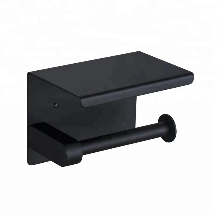 Wall Mounted SUS304 Stainless Steel Matte Black Color Toilet Paper Holder With Mobile Phone Shelf Bathroom Storage Organizer