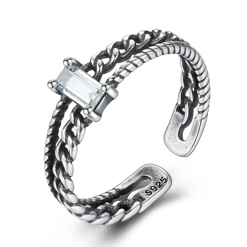 CZCITY 925 Sterling Silver Ring Women's Black and White Cubic Zirconia Adjustable Engagement Ring Sterling Silver Jewelry