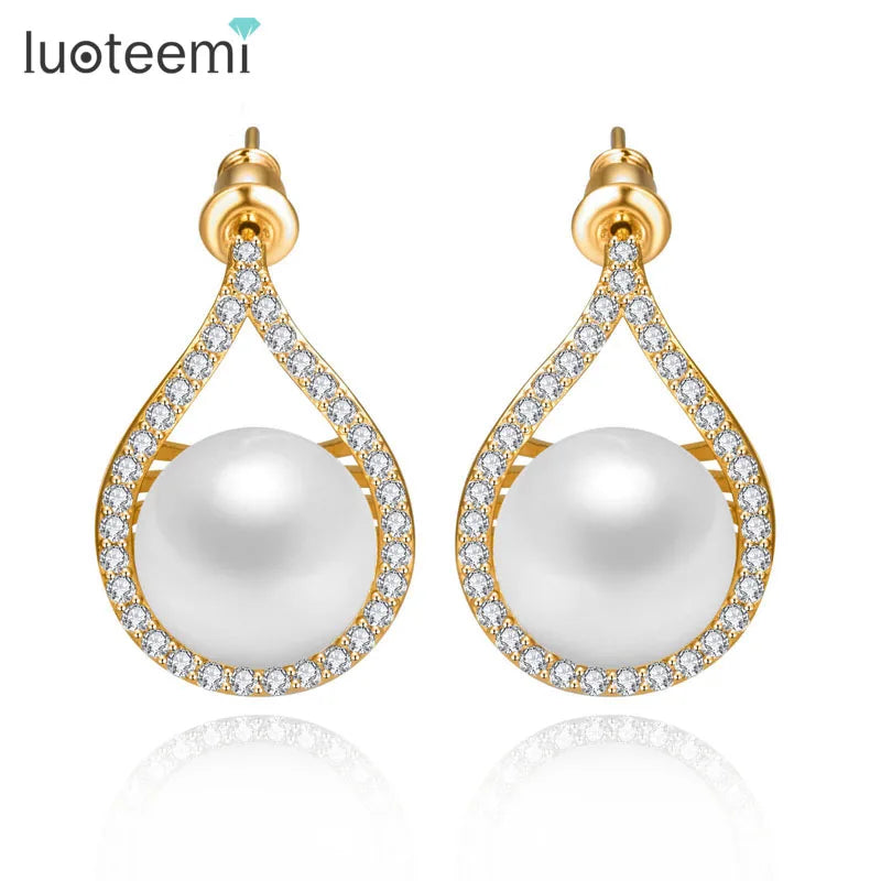 LUOTEEMI Wholesale Fashion Artificial Design Champagne Gold a AA Zircon Bridal Wedding Waterdrop Pearl Earrings
