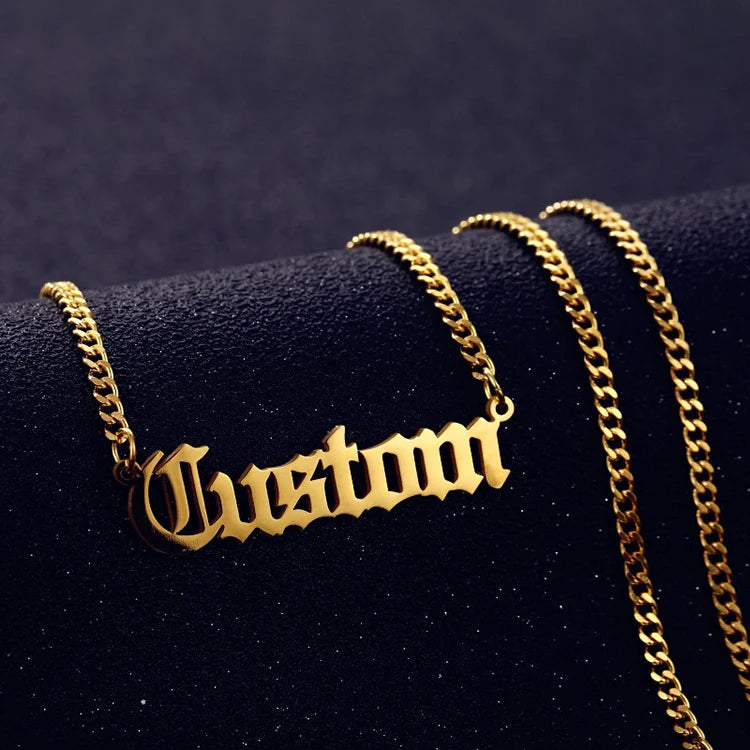 Gold Plated Jewelry Personalized Name Necklace Old English Custom Nameplate with Cuban Link Chain Necklace for Men