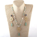 Amazonite Women Howlite Rosary Chain Jewelry Set Square Crystal Glass Hollow Flower Crystal Drop Pendant Necklace Earring Set