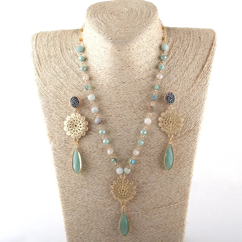 Amazonite Women Howlite Rosary Chain Jewelry Set Square Crystal Glass Hollow Flower Crystal Drop Pendant Necklace Earring Set