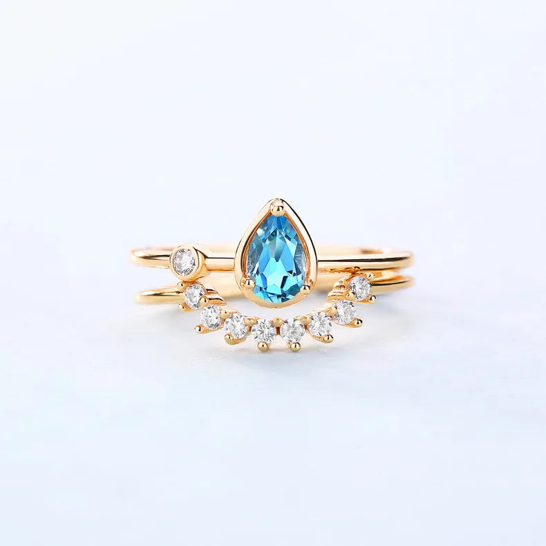 925 Silver Dainty Design Fancy Jewelry Natural Blue Topaz Stacking Rings Set