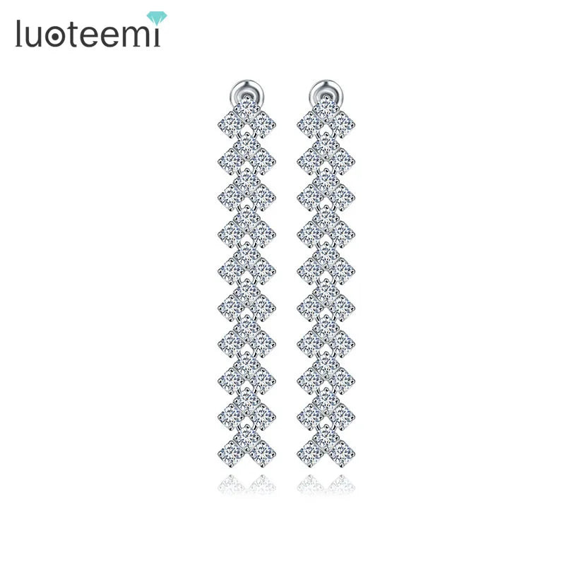 LUOTEEMI Wholesale Pure Round Cut Clear CZ Rhodium Plated Simulated Diamond CZ Dangle Earrings Long Jewelry for Women Brincos