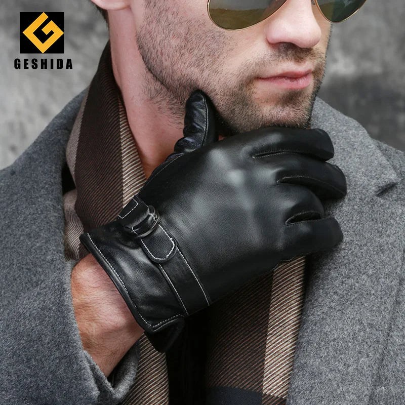 Custom Texting Man Riding Bicycle Genuine Leather Gloves in Winter