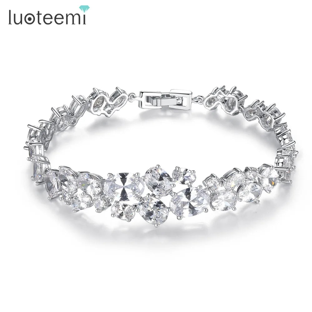 LUOTEEMI Women Fashion Wedding Jewelry Bridal Noble White Gold Color Clear Oval Shape Cubic Zirconia Bracelets