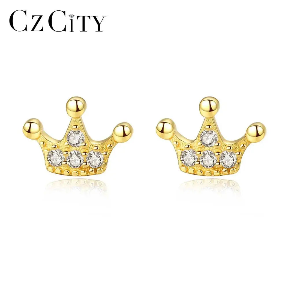 CZCITY 925 Sterling Silver Jewelry Earrings Cubic Zirconia Crown Design Stud Earring Fashionable