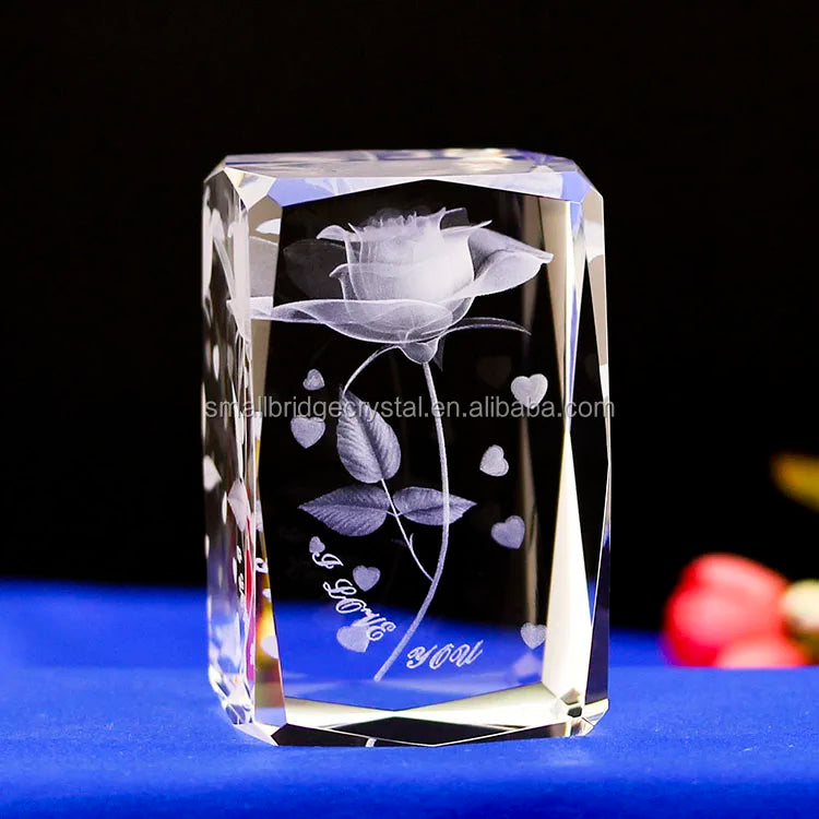 Small Bridge Wholesale 3d Laser Engraved Glass Rose Cube Transparent Wedding Decoration K9 Crystal Folk Art Glass Cube